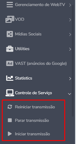 Web TV: como usar o Controle de Serviço para iniciar, parar ou reiniciar transmissões